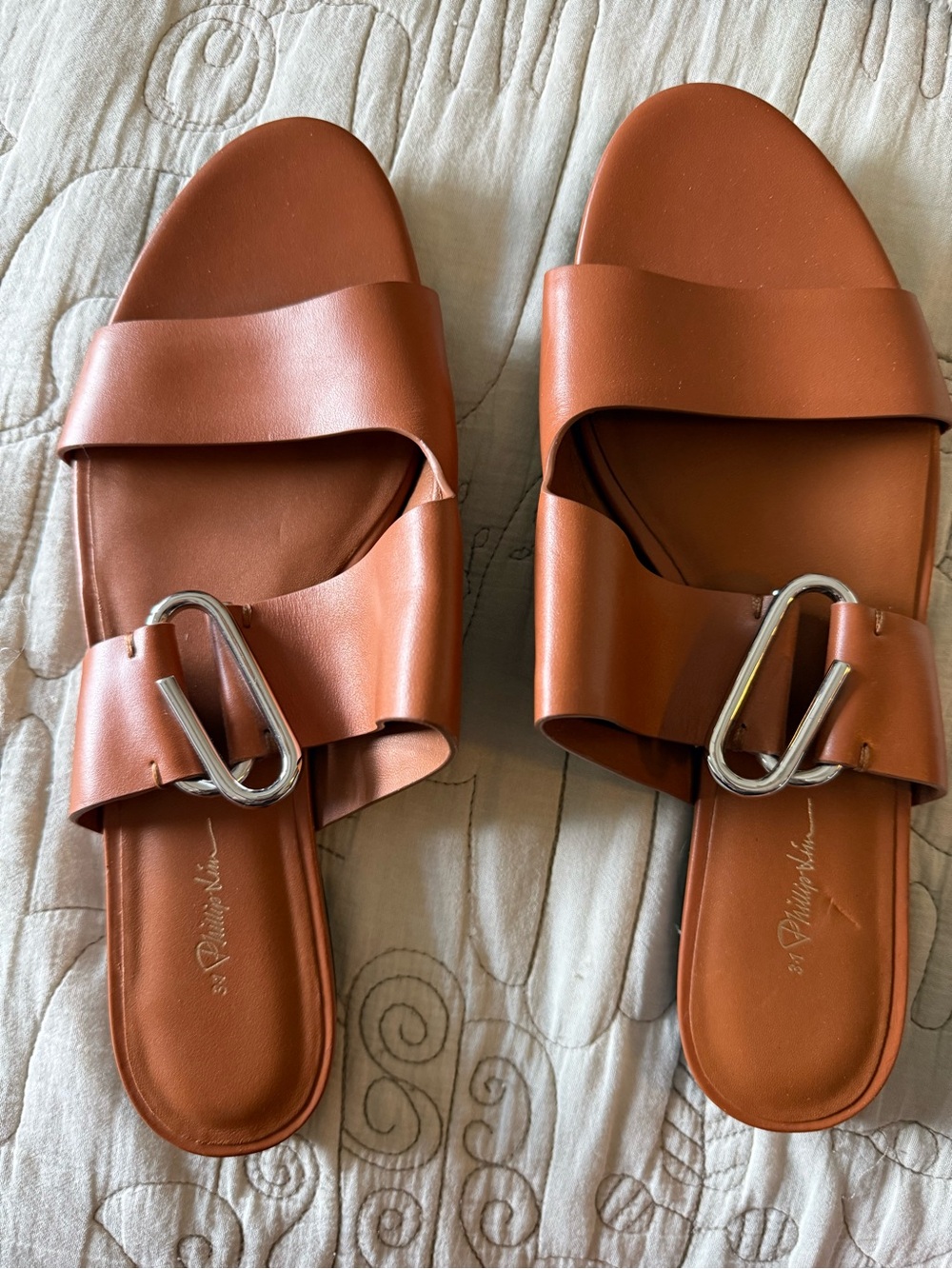 3.1 Phillip Lim Cognac Brown Slide Sandals with Silver Buckle